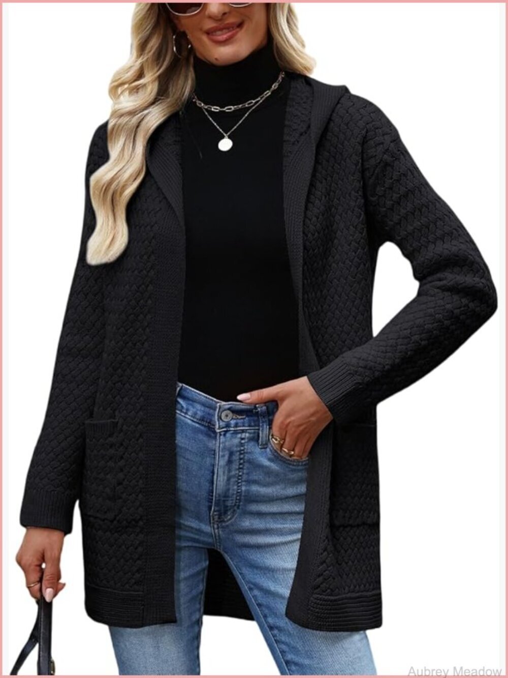 Open Front Hooded Cable Knit Cardigan Sweater Coat with Pockets Long Sleeve